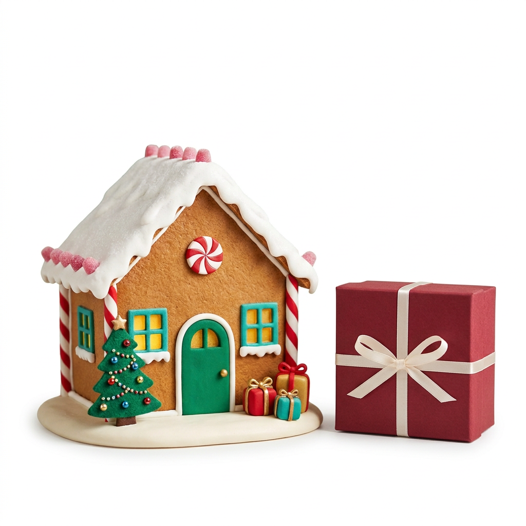 Christmas gingerbread cottage and cranberry gift box with ivory ribbon on a white background