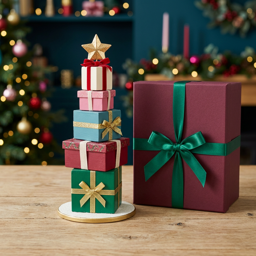 Five-tier colorful Christmas gift tree with gold-tone star and plain burgundy emerald-ribbon gift box