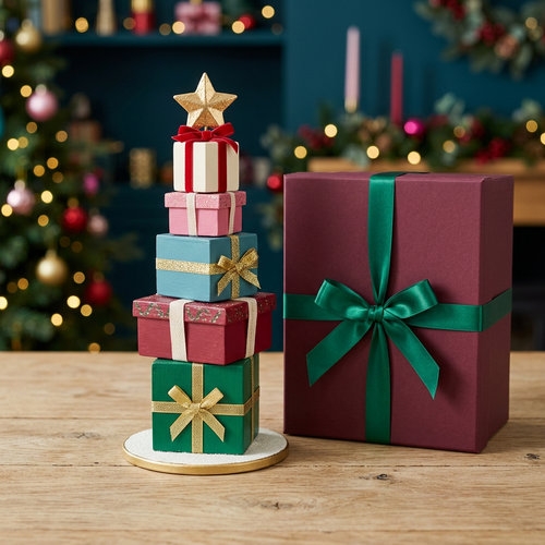 Five-tier colorful Christmas gift tree with gold-tone star and plain burgundy emerald-ribbon gift box