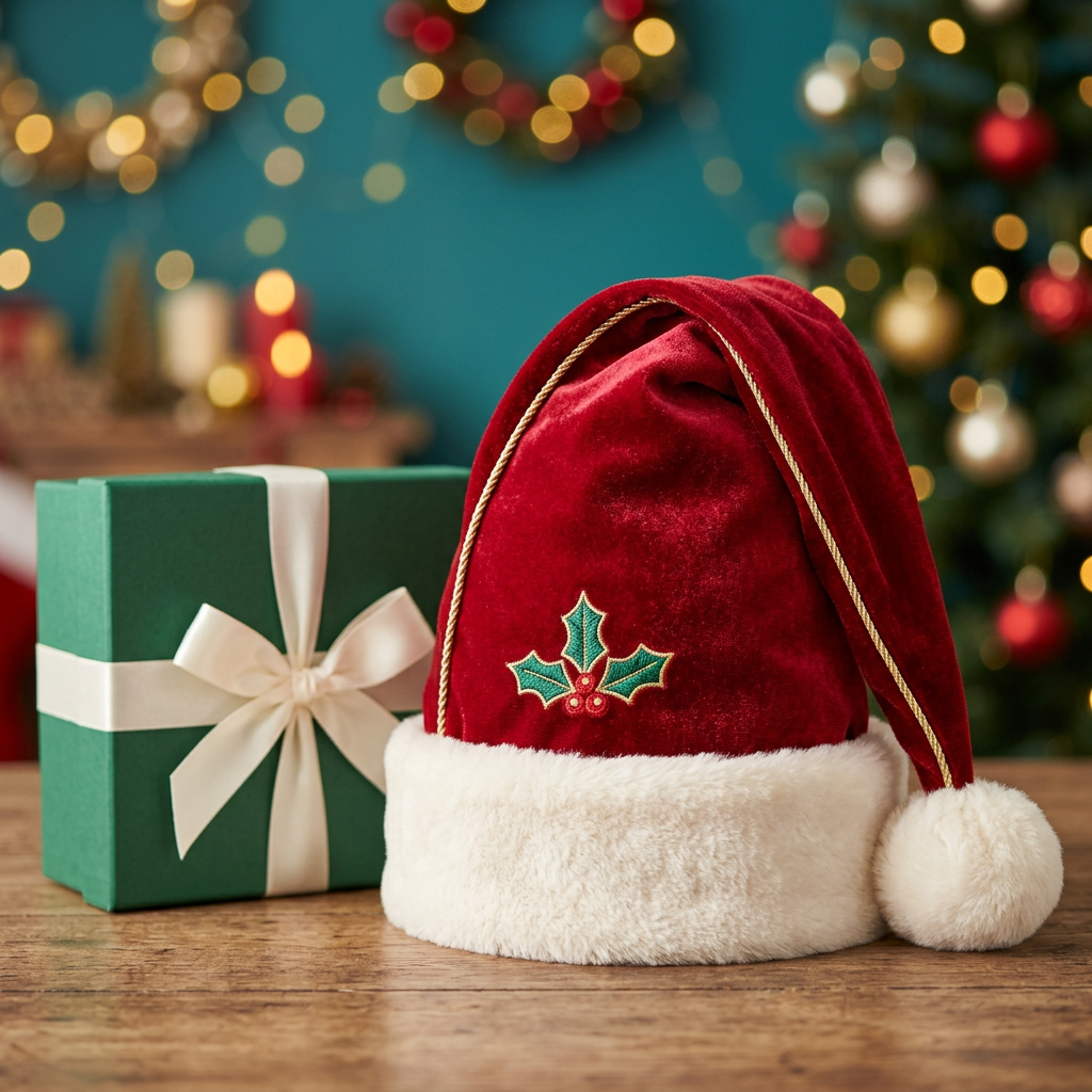 Cranberry-red Santa hat with ivory cuff, pompom, holly motif and plain emerald ribbon gift box