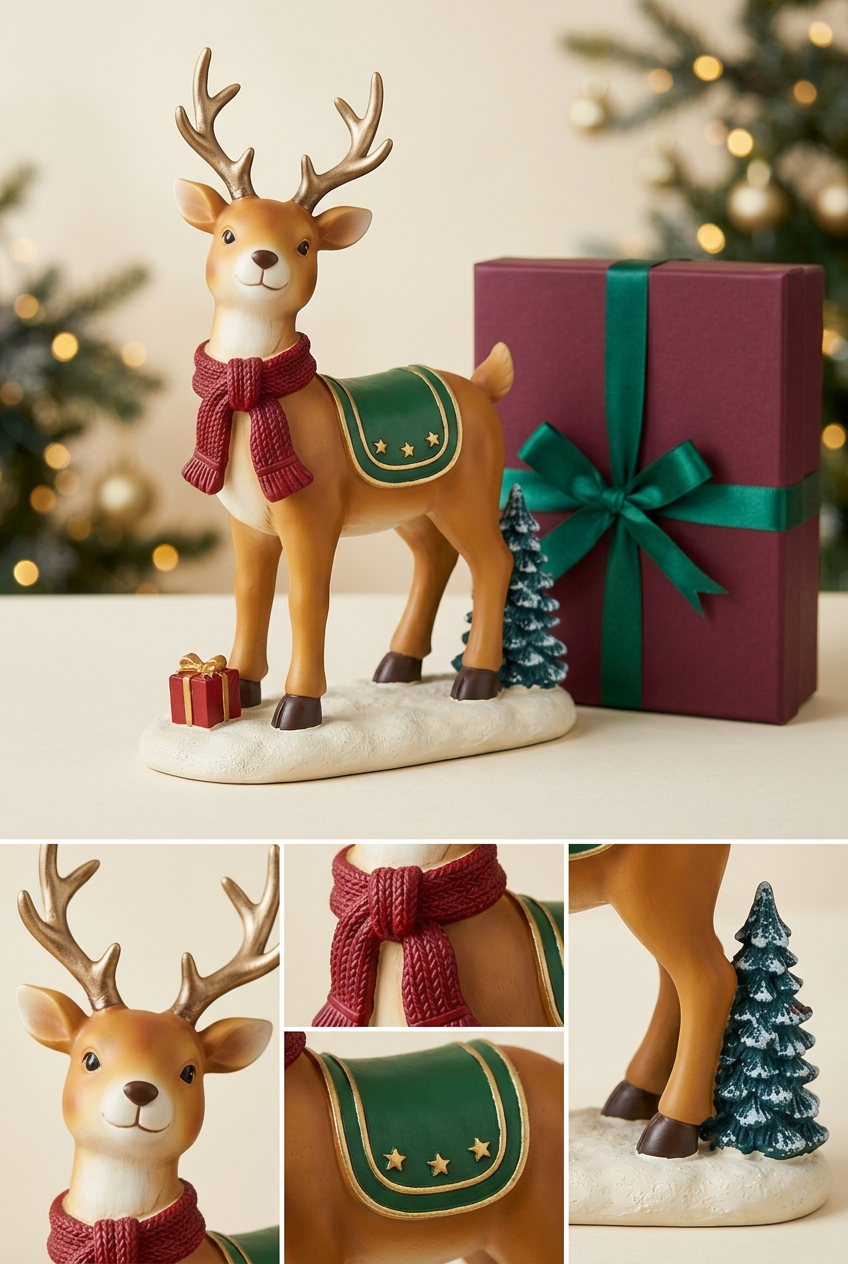 Reindeer detail collage showing antlers, red scarf, three-star saddle and snowy base with tree