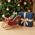 Cranberry-red Christmas sleigh with gold-tone scroll runners, three colorful parcels and plain midnight-blue gift box