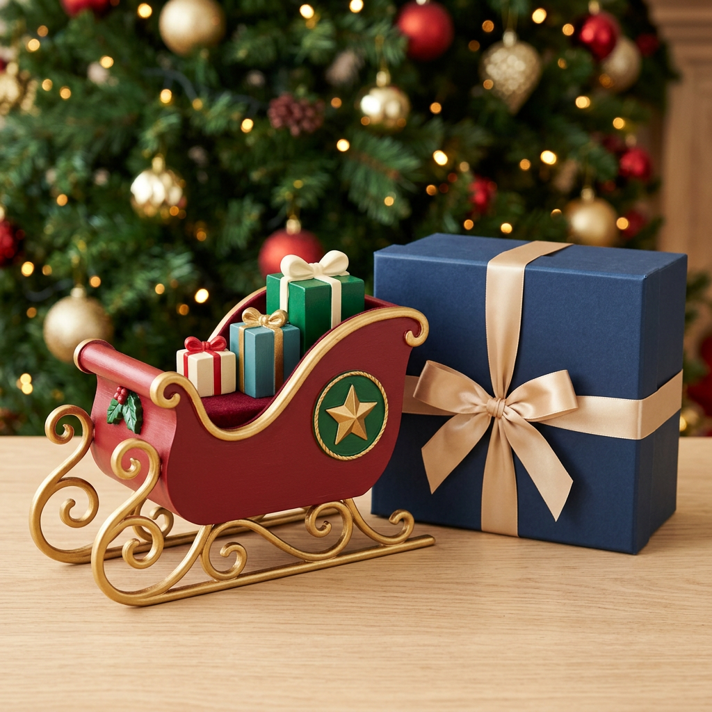 Cranberry-red Christmas sleigh with gold-tone scroll runners, three colorful parcels and plain midnight-blue gift box