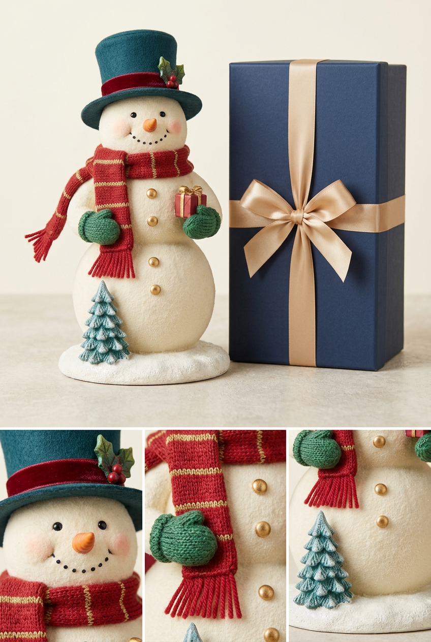 Snowman detail collage featuring holly hat, smiling face, red scarf, green mittens and miniature tree