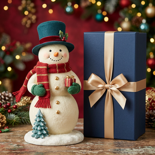 Christmas snowman with teal holly hat, red scarf and plain midnight-blue gift box with champagne ribbon