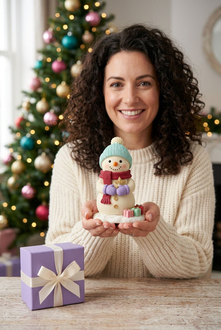 Woman in ivory sweater holding the mini snowman beside its coordinated lavender gift box