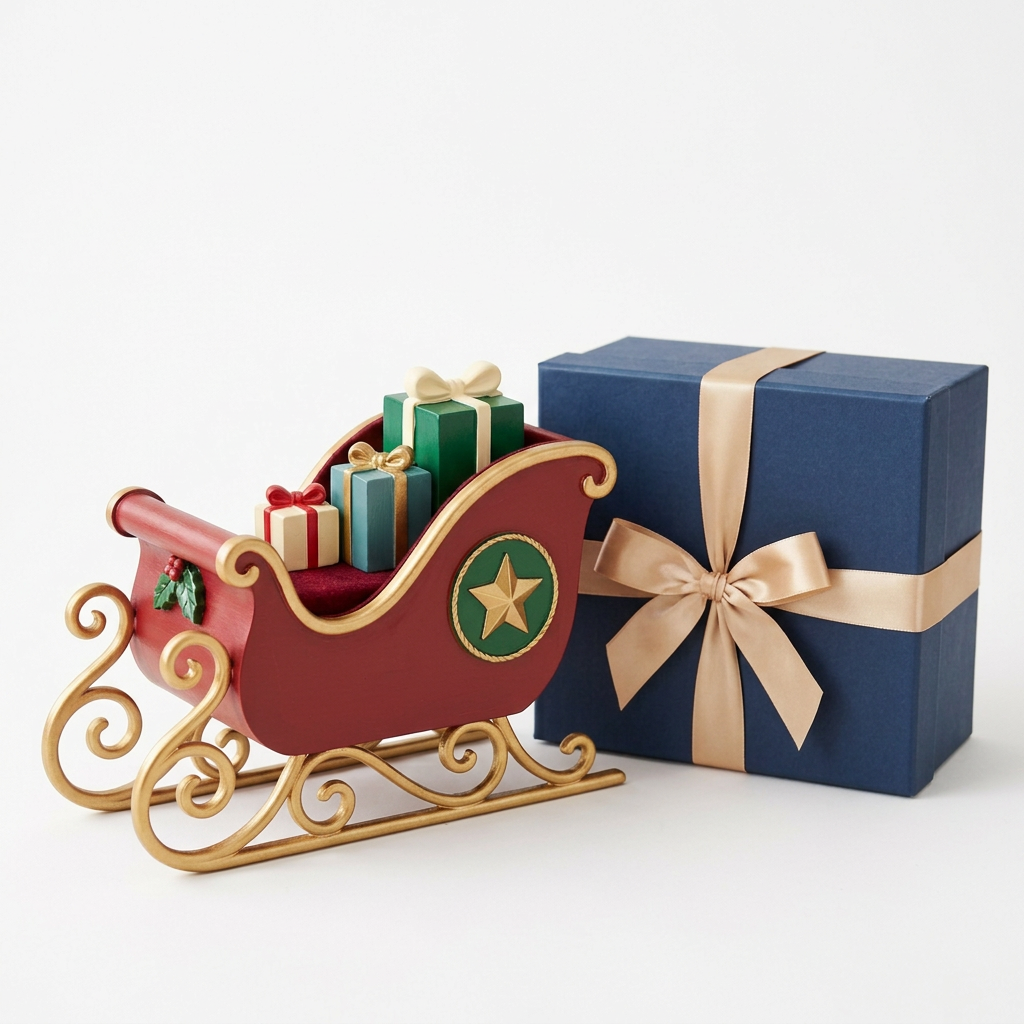 Red Christmas sleigh and midnight-blue gift box with champagne ribbon isolated on white