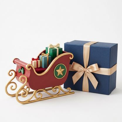 Red Christmas sleigh and midnight-blue gift box with champagne ribbon isolated on white