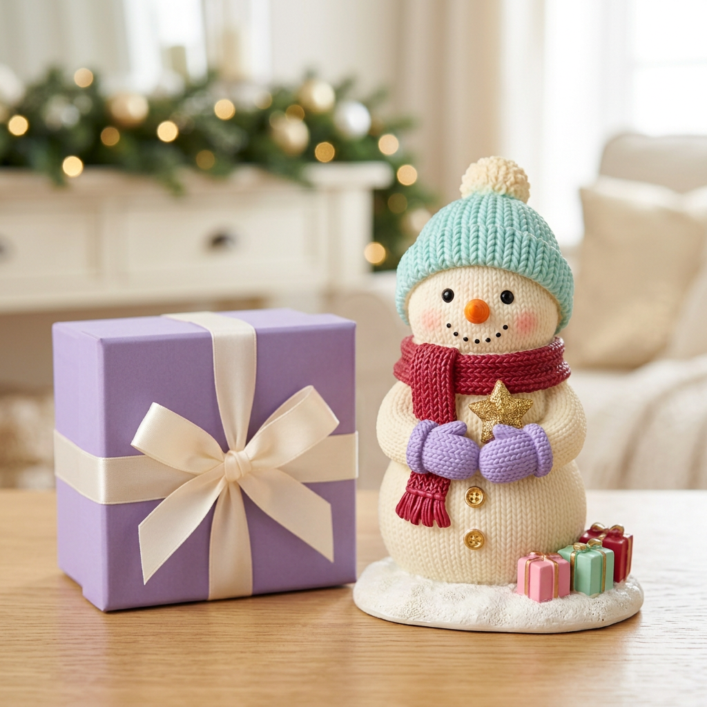 Single mini snowman and matching logo-free lavender ribbon gift box in a bright festive home