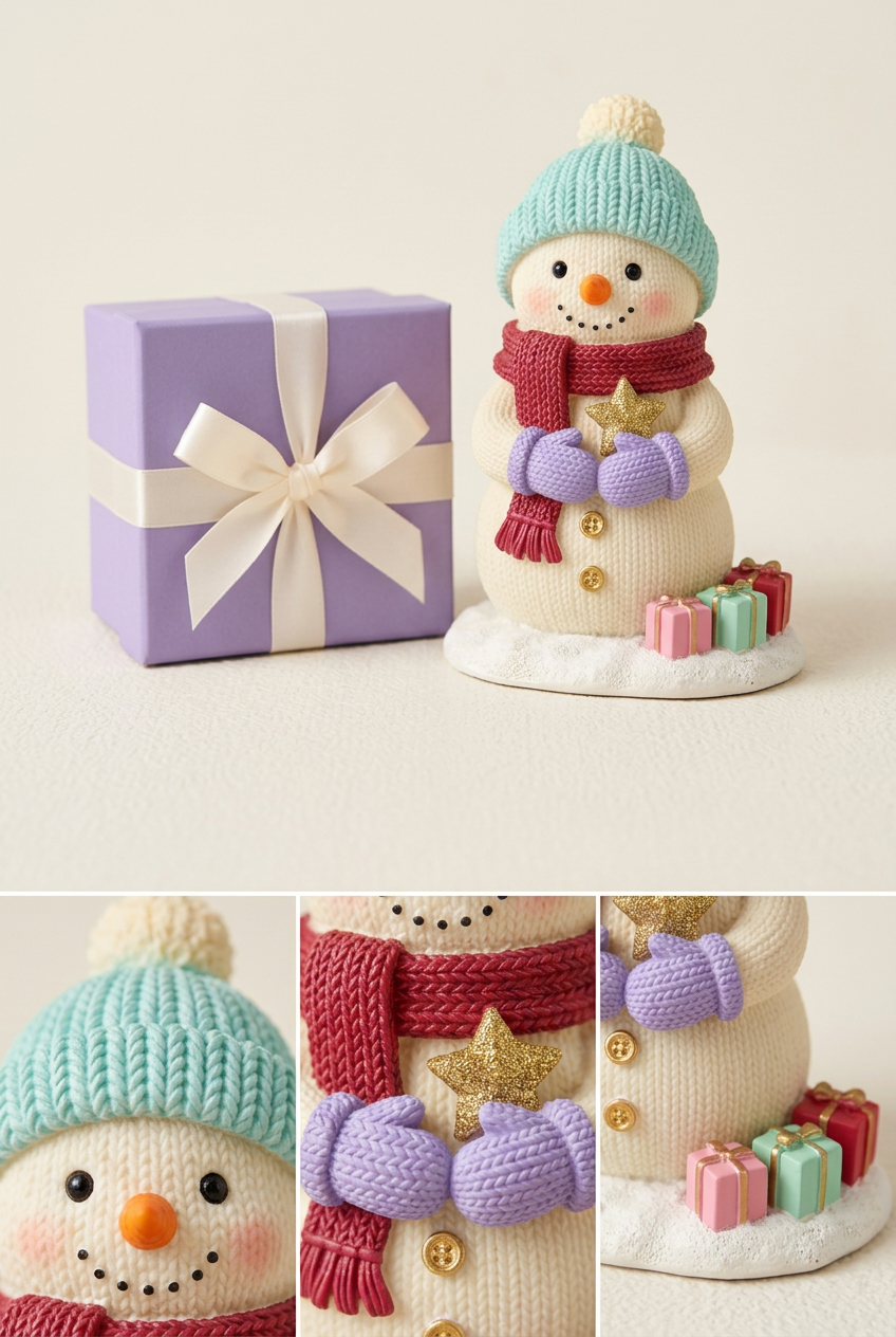 Mini snowman detail collage showing beanie, smiling face, star, lavender mittens and miniature gifts