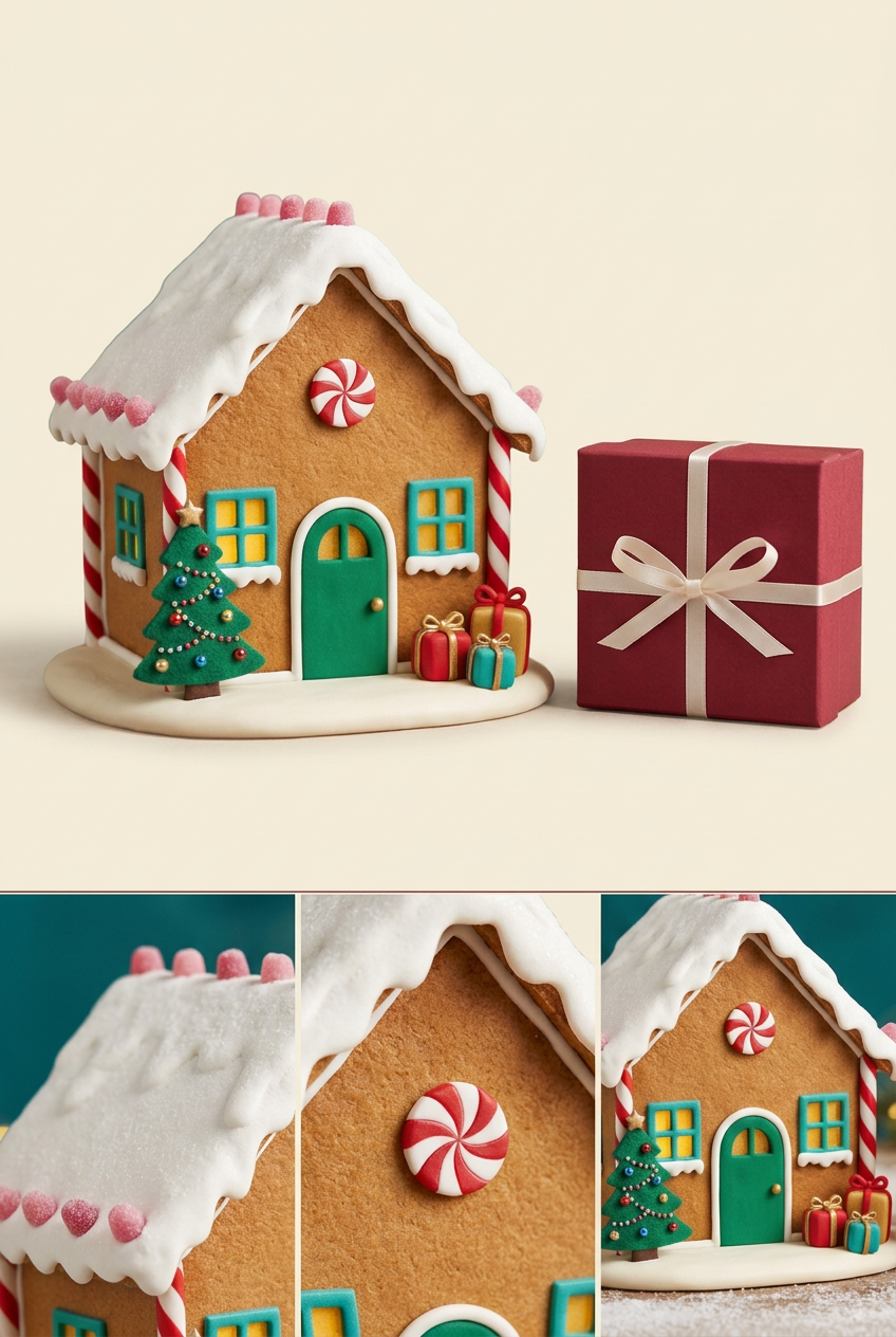 Gingerbread cottage detail collage showing snowy roof, pink sweets, peppermint and green doorway