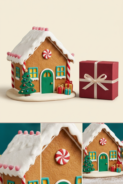 Gingerbread cottage detail collage showing snowy roof, pink sweets, peppermint and green doorway