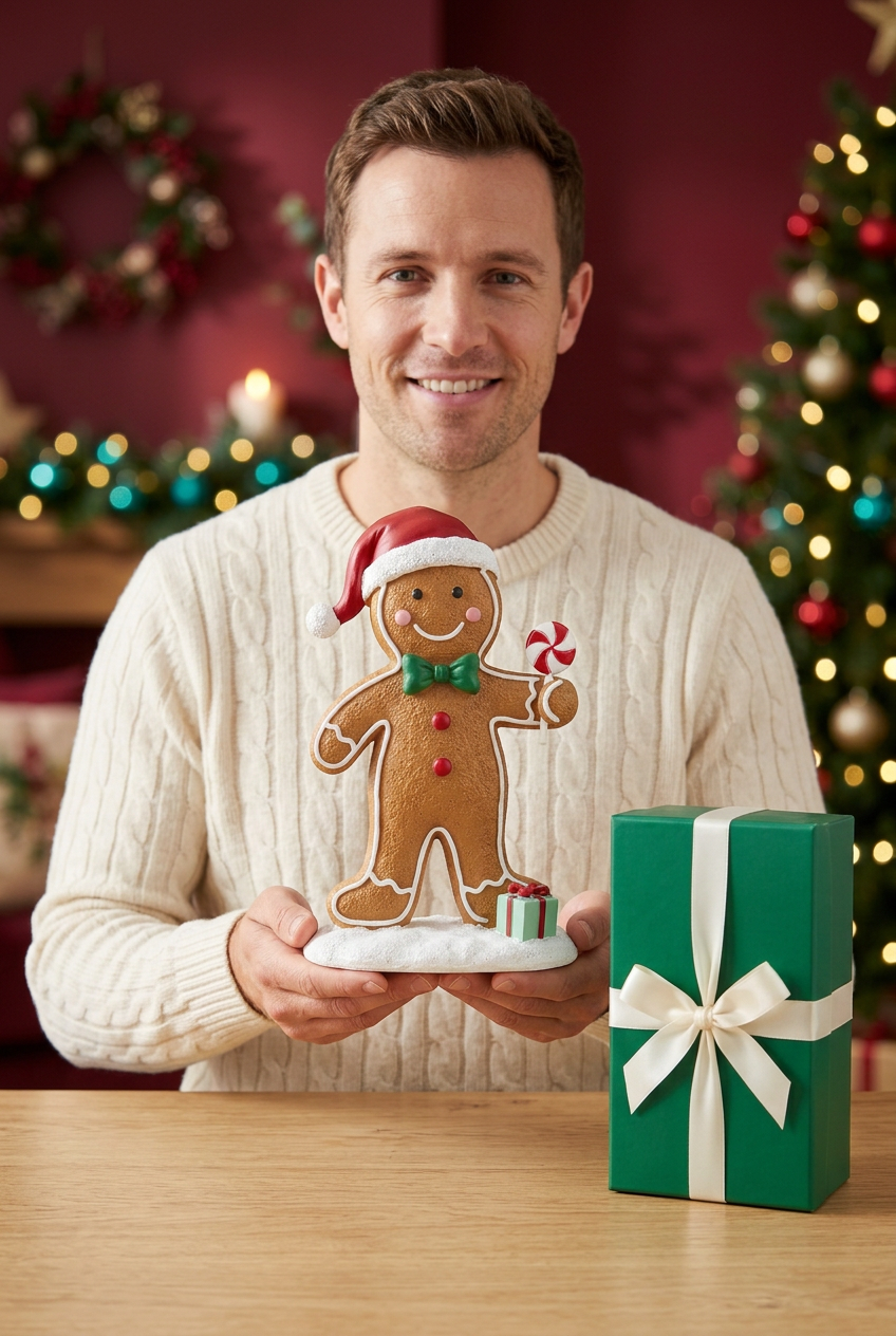 Male model in ivory sweater holding the gingerbread man ornament beside its matching green gift box