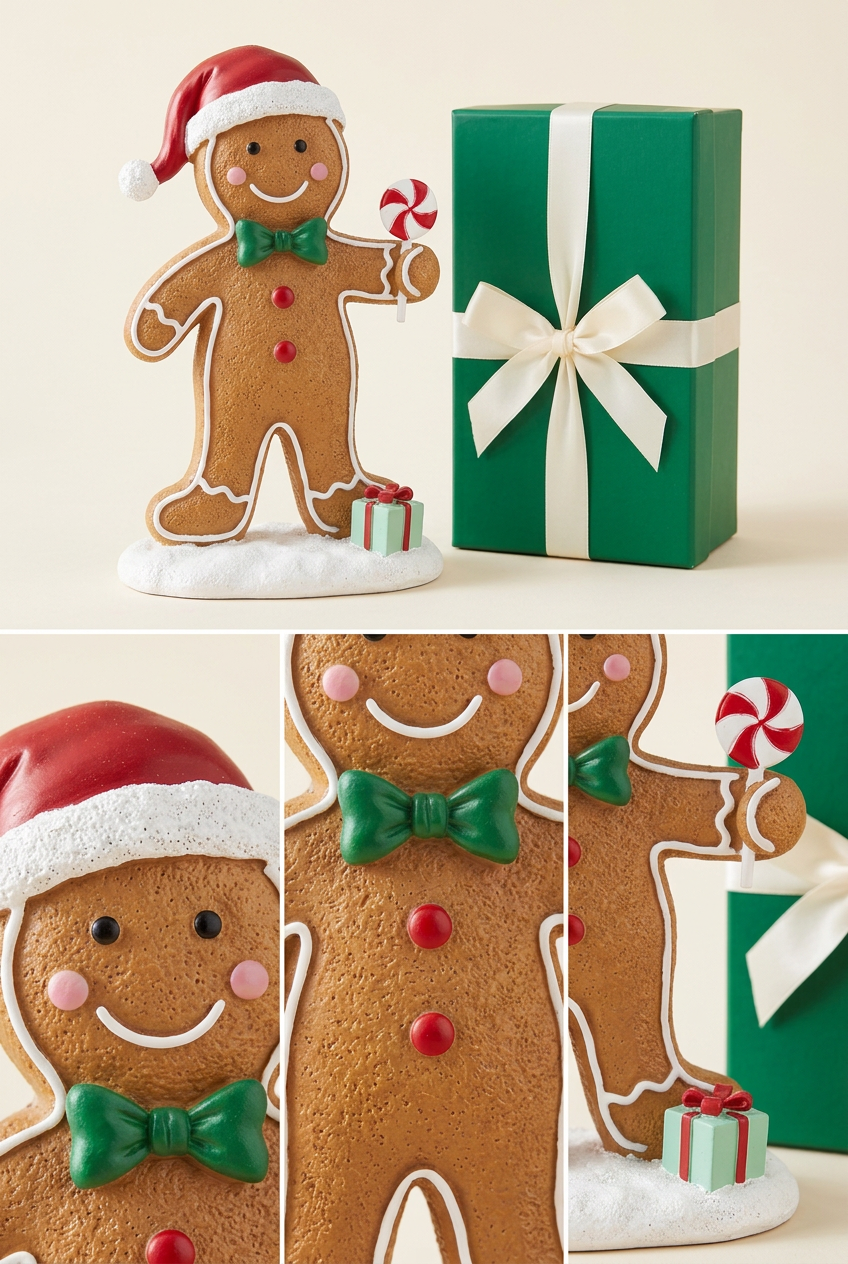 Gingerbread man detail collage showing smiling face, icing outline, green bow tie and peppermint swirl