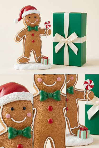 Gingerbread man detail collage showing smiling face, icing outline, green bow tie and peppermint swirl