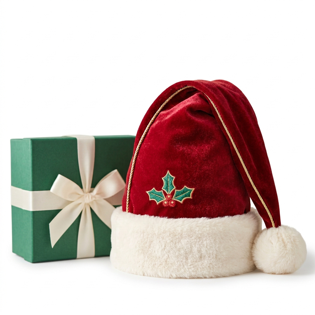 Red holly Santa hat and plain emerald gift box with ivory ribbon on a white background