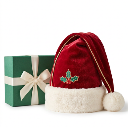 Red holly Santa hat and plain emerald gift box with ivory ribbon on a white background