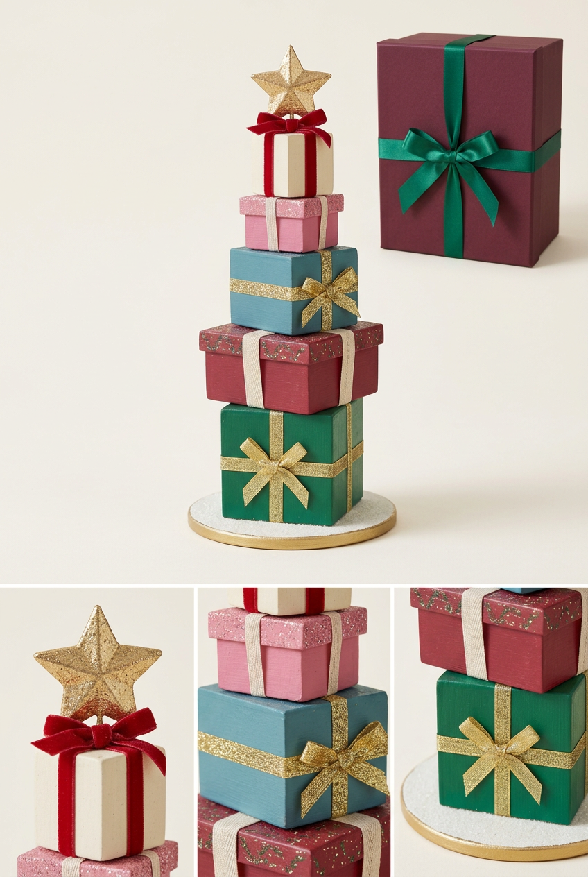 Christmas gift tree detail collage showing star topper, colorful parcel tiers and ribbon motifs