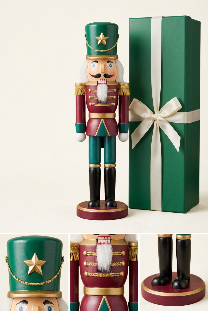 Nutcracker detail collage showing star hat, gold-tone jacket braids and black boots on round base