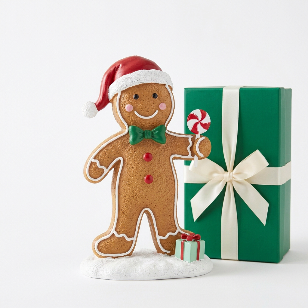 Gingerbread man ornament and plain emerald ivory-ribbon gift box isolated on white