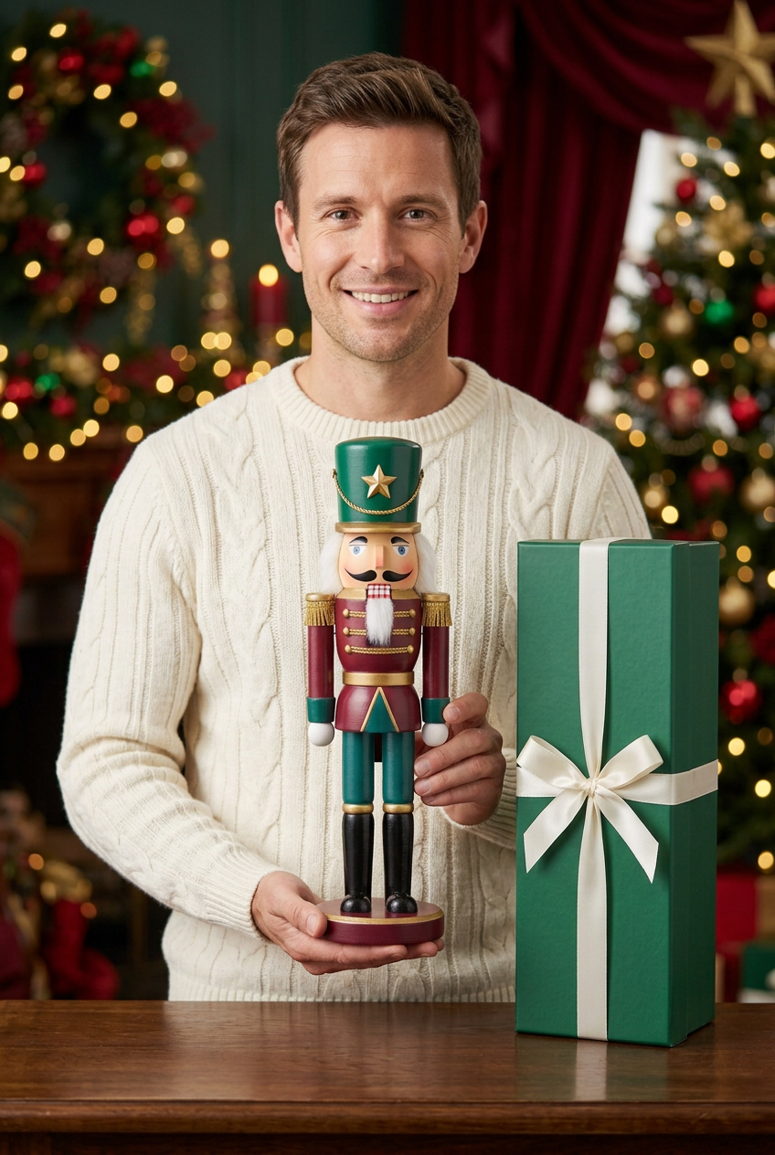 Male model in ivory sweater holding the Christmas nutcracker soldier beside matching green gift box