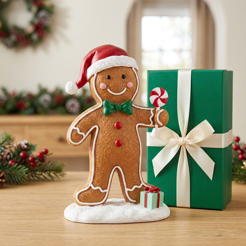 Single gingerbread man decoration and matching logo-free green ribbon box in a bright festive home