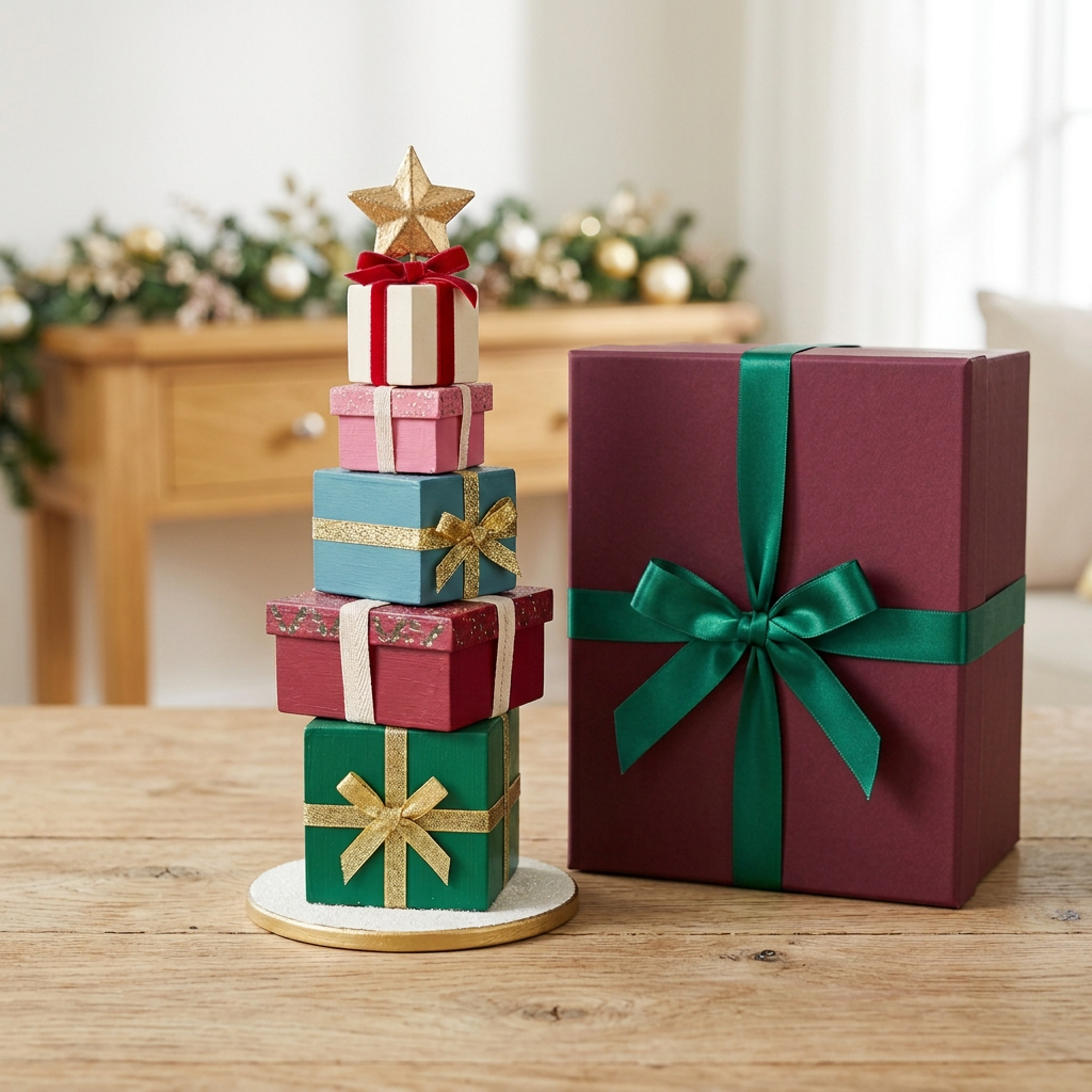 Single stacked gift tree ornament and matching logo-free burgundy box in a bright Christmas home