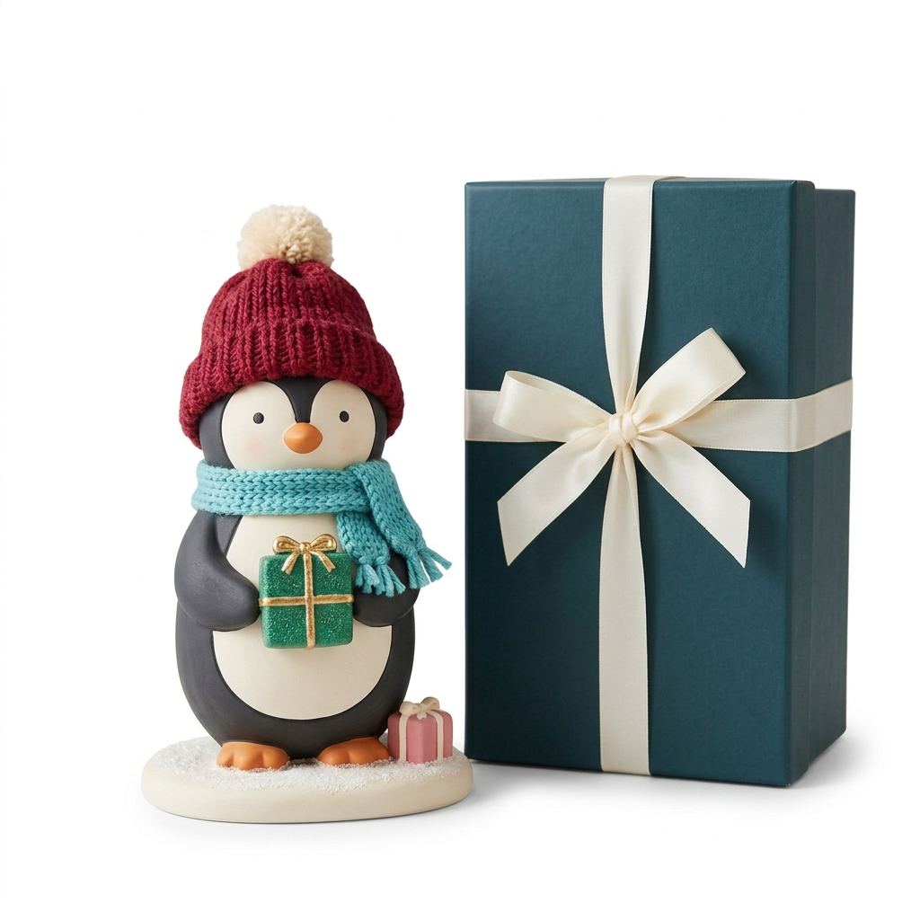 Christmas penguin and deep-teal ivory-ribbon gift box isolated on white