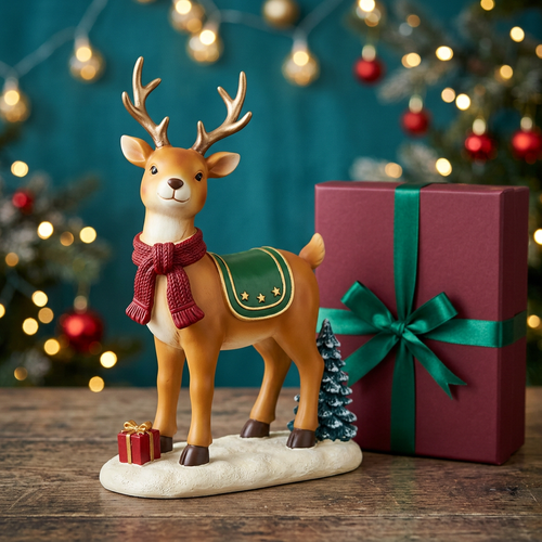 Single Christmas reindeer with gold-tone antlers, red scarf and emerald saddle beside plain burgundy gift box
