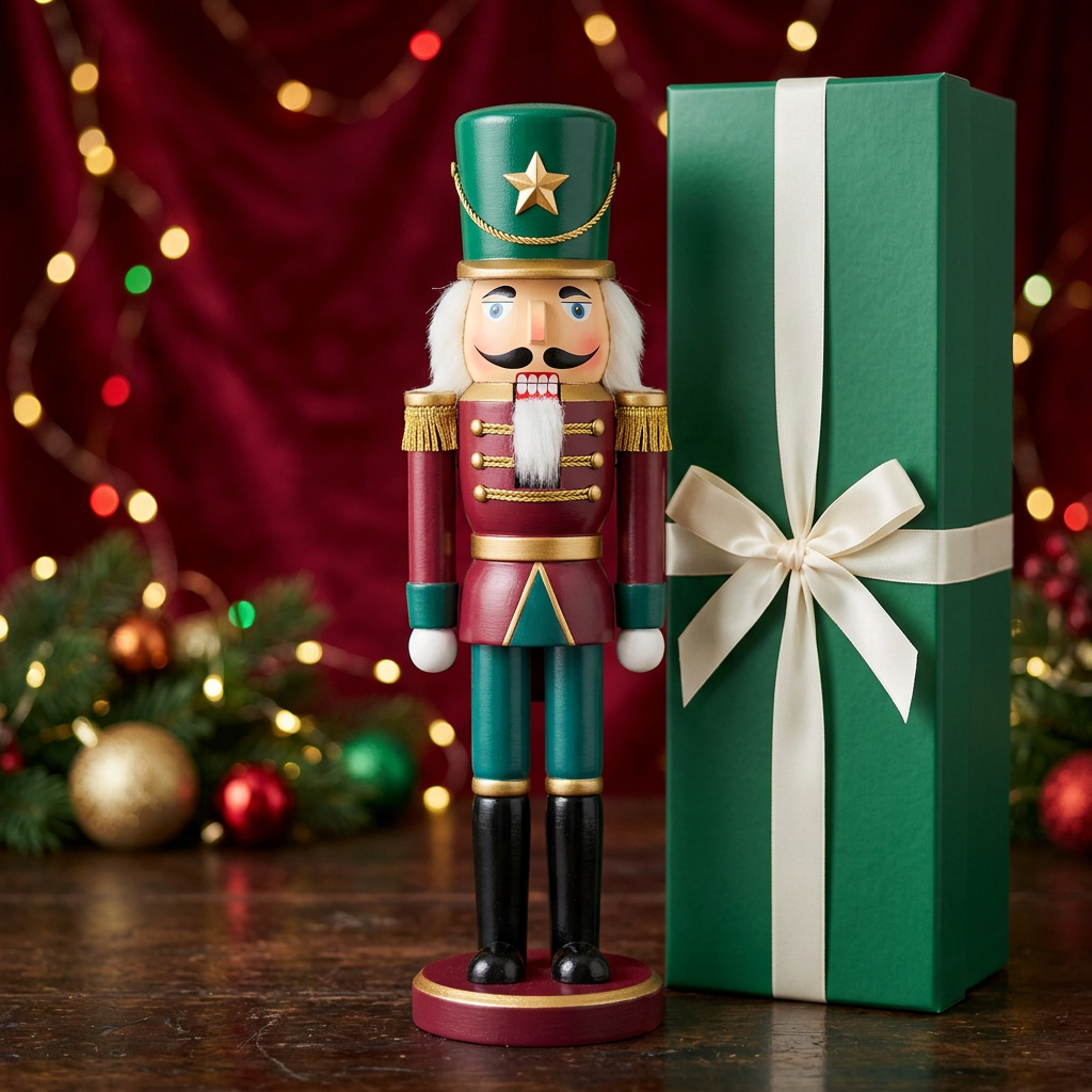 Emerald and burgundy Christmas nutcracker soldier with gold-tone details and plain green ribbon gift box