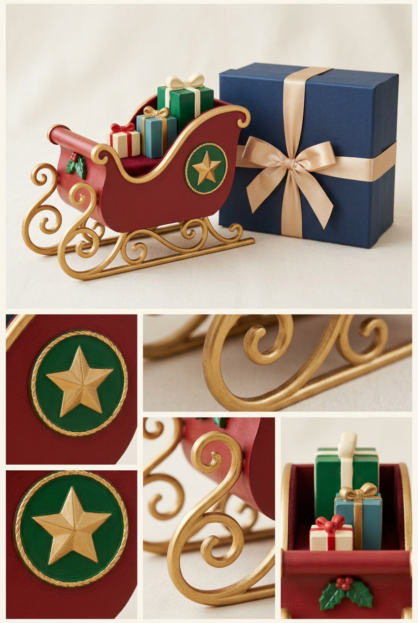 Christmas sleigh detail collage featuring gold-tone star medallion, curved runners and miniature parcels