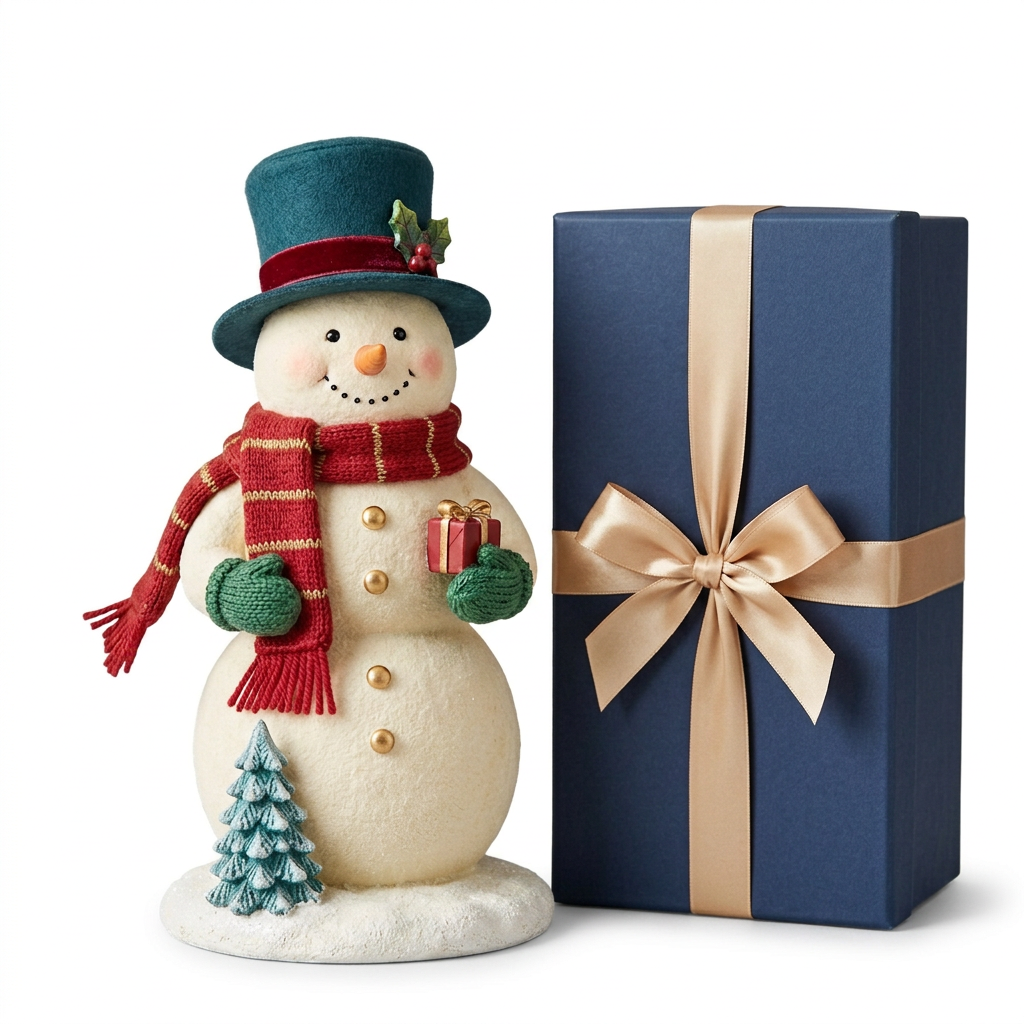 Christmas snowman and midnight-blue champagne ribbon gift box isolated on white
