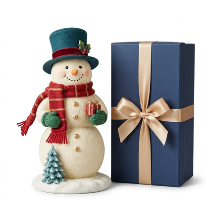 Christmas snowman and midnight-blue champagne ribbon gift box isolated on white