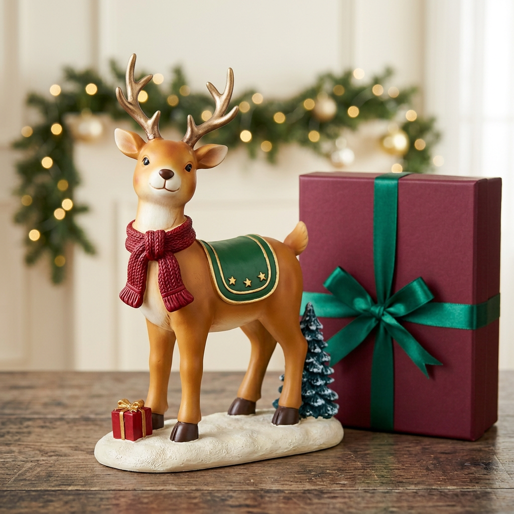 Single woodland Christmas reindeer and matching logo-free green ribbon gift box in a festive home