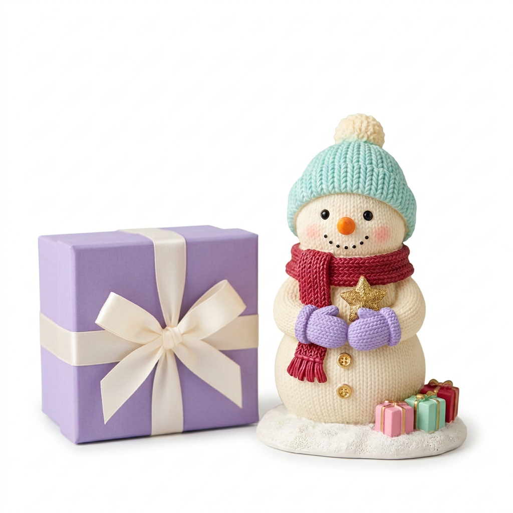 Little Christmas snowman and lavender ivory-ribbon gift box isolated on white