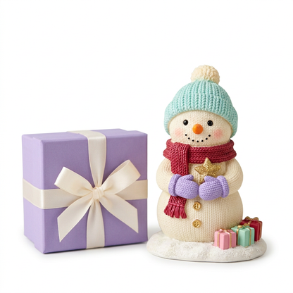Little Christmas snowman and lavender ivory-ribbon gift box isolated on white