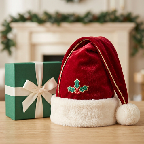 Single holly Santa hat and matching unbranded green gift box in a festive home setting