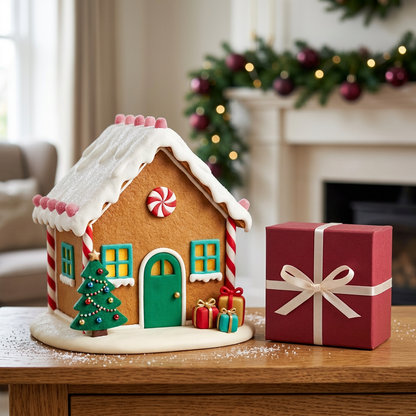 Single gingerbread Christmas cottage and matching unbranded gift box on a festive console