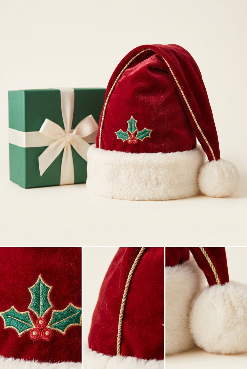 Christmas hat detail collage showing holly motif, gold-tone cord edge and ivory cuff and pompom