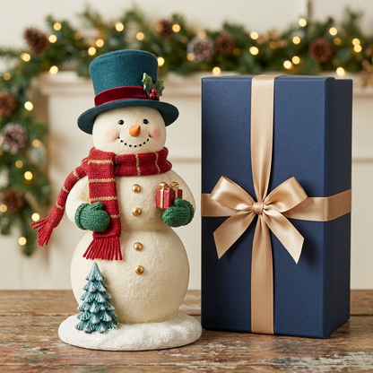 Single Christmas snowman and matching logo-free blue gift box on a festive console