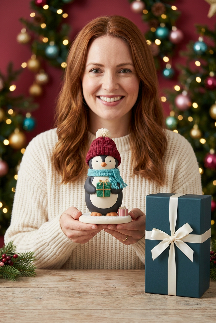 Woman in ivory sweater holding the Christmas penguin beside its coordinated deep-teal gift box