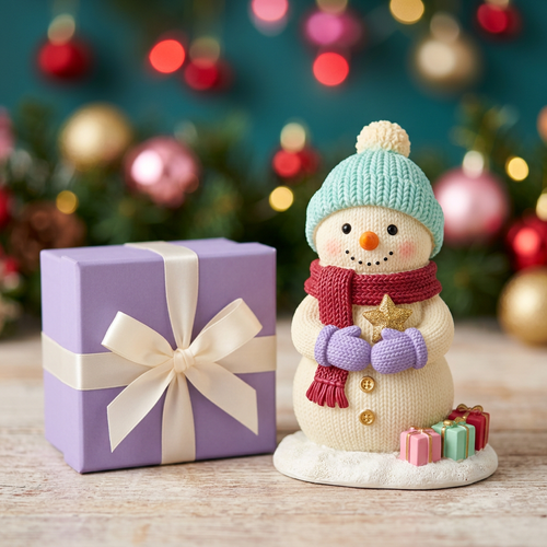 Little Christmas snowman with turquoise beanie, lavender mittens and gold-tone star beside plain lavender gift box