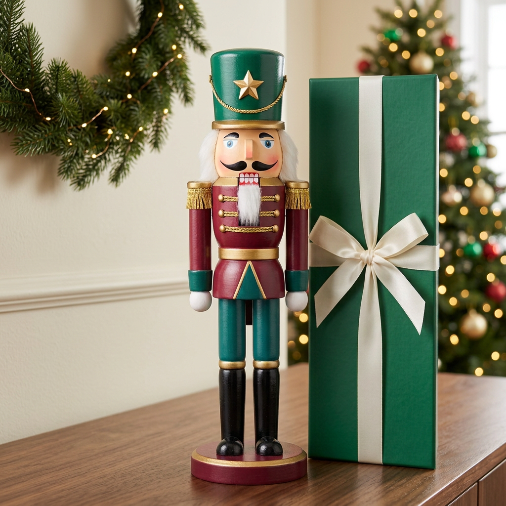 Single Christmas nutcracker soldier and matching logo-free gift box on a festive console