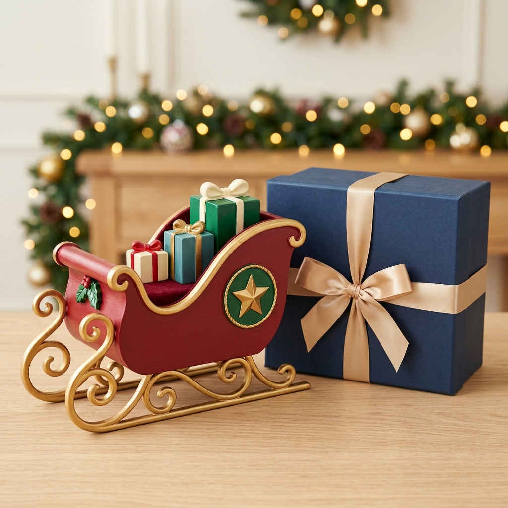 Single Christmas sleigh decoration and matching logo-free champagne-ribbon box in a festive home