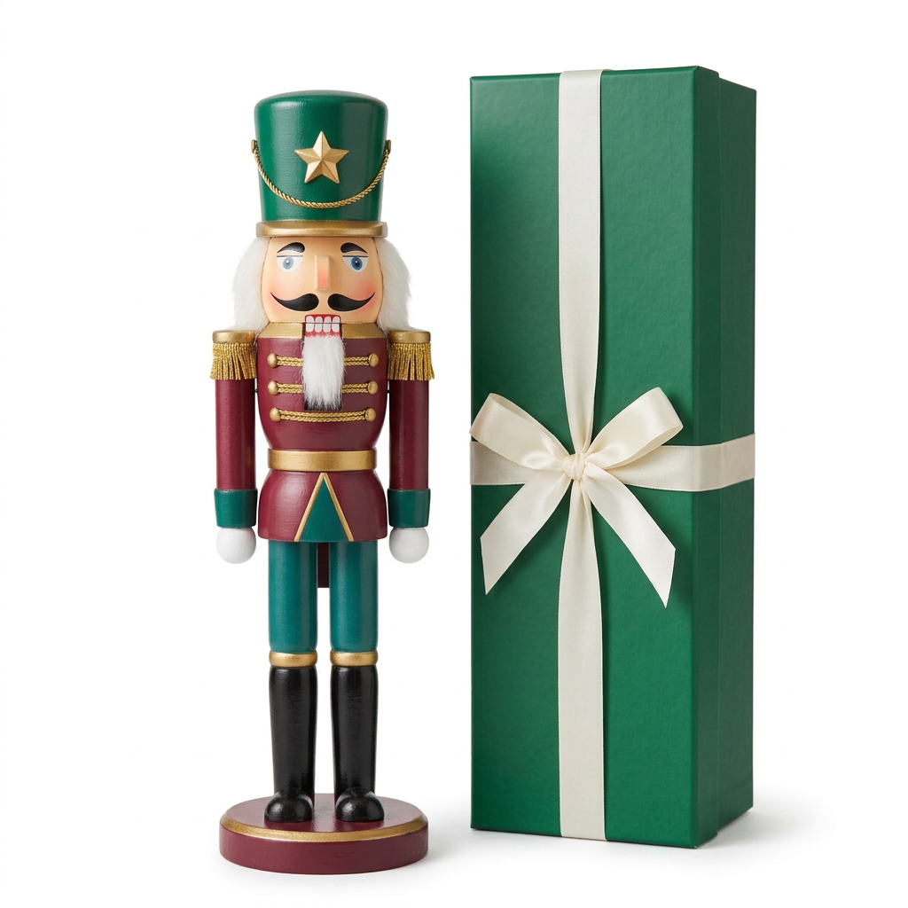 Christmas nutcracker soldier and emerald gift box with ivory ribbon isolated on white