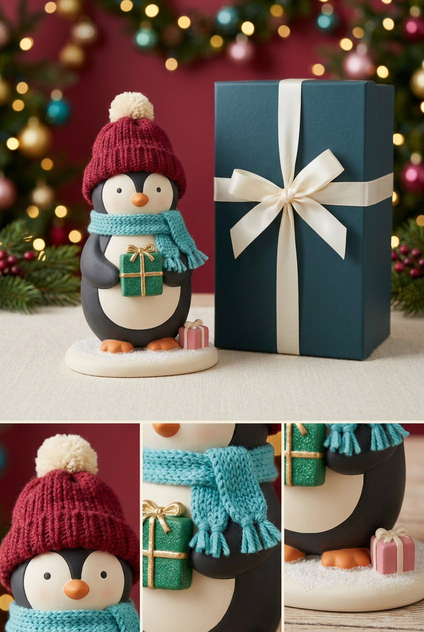 Penguin detail collage showing red beanie, turquoise fringed scarf, green present and snowy base