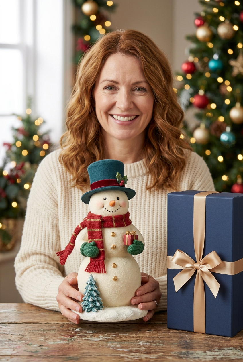 Woman in cream sweater holding the Christmas snowman beside its matching midnight-blue gift box