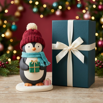 Christmas penguin with red pompom hat, turquoise scarf and green present beside plain deep-teal gift box