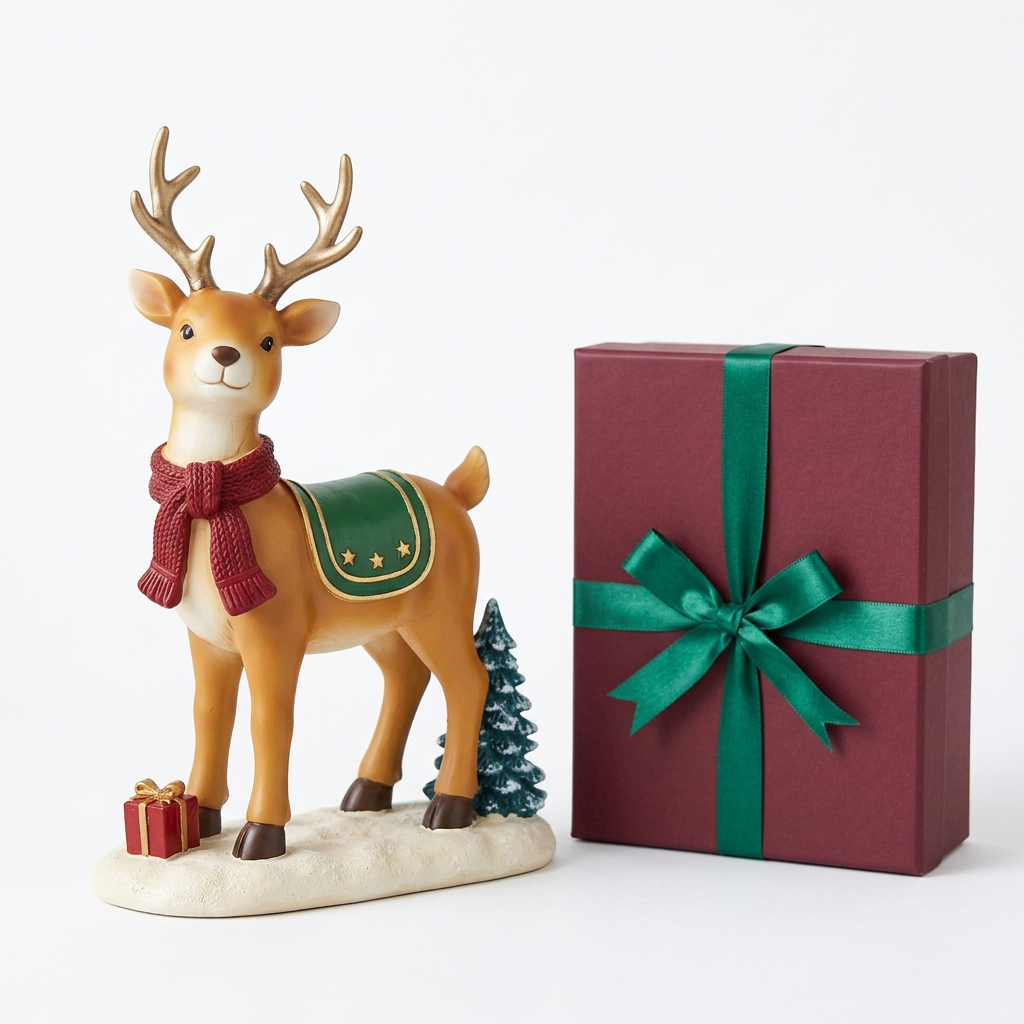 Christmas reindeer figurine and burgundy emerald-ribbon gift box on white background