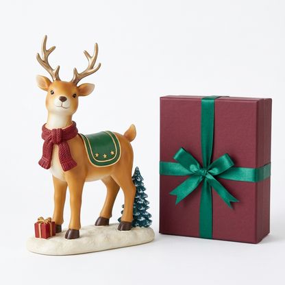 Christmas reindeer figurine and burgundy emerald-ribbon gift box on white background